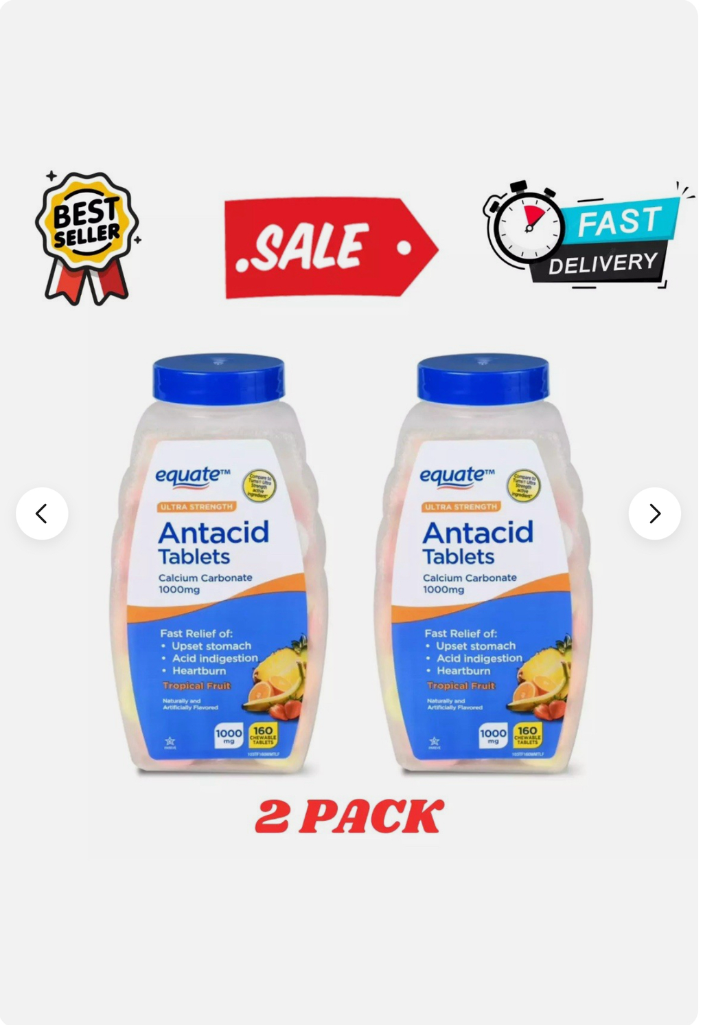 Value Pack 2 x Equate Ultra Strength Tropical Fruit Antacid Chewable Tablets 160